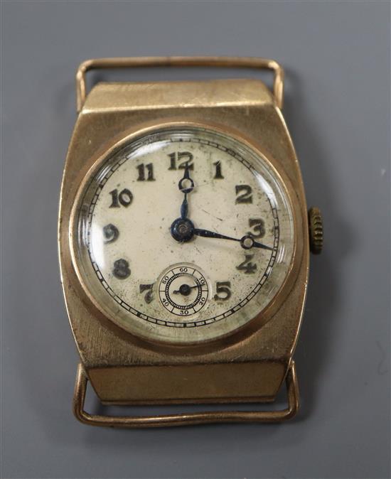 A gentlemans 1930s 9ct gold manual wind wrist watch, no strap.